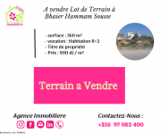 Réf 233 Terrain du 360 m² a Bhaier Hammam Sousse