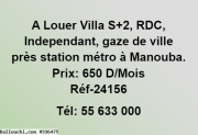 A Louer Villa S+2, RDC, Independant