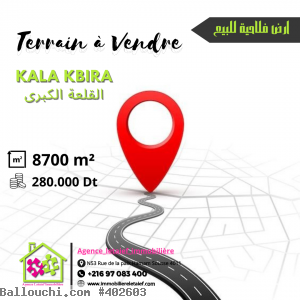 A vendre de 8700 m² Prix : 280.000 dt Kala Kbira